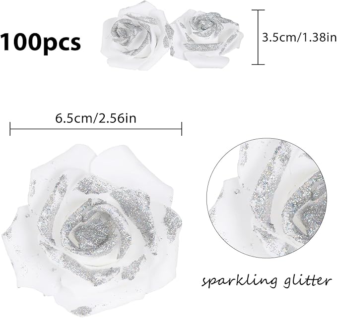 100pcs Stemless White Fake Foam Roses with Silver Glitter, 2.56" Artificial Roses for DIY Craft Baby Shower Centerpieces Wedding Flower Decor (White)