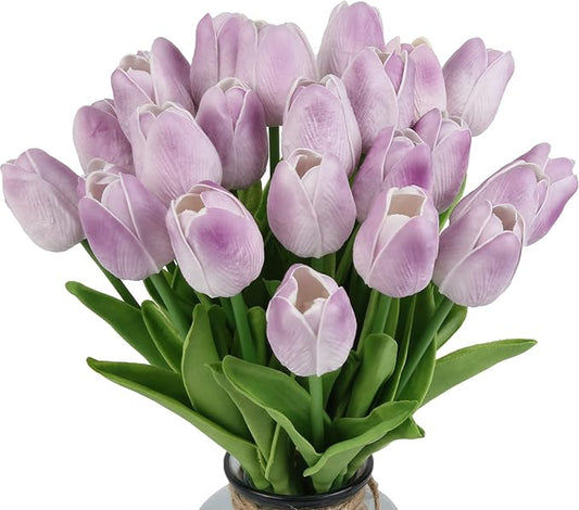 IPOPU Real Touch Purple Tulips 24PCS Artificial Flowers for Decoraion Fake Tulips Light Purple Flowers Floral Arrangements Artificial Faux Tulip Decor for Table Home Kitchen Decor (Light Purple)