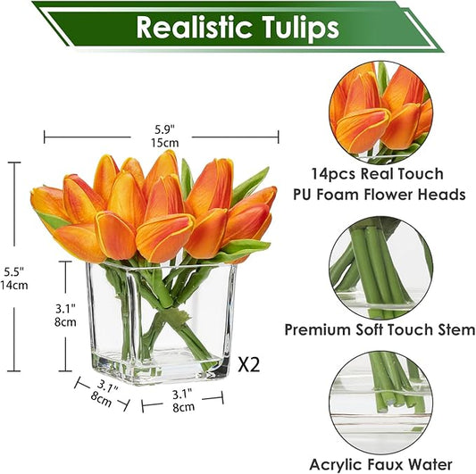 DILATATA Artificial Orange Tulips in Vase with Faux Water 5.5" Real Touch Flowers Fake Tulips Small Flowers Arrangement in Cube Glass Vase for Mother's Day Table Centerpiece Wedding Home Decor 2 Pack