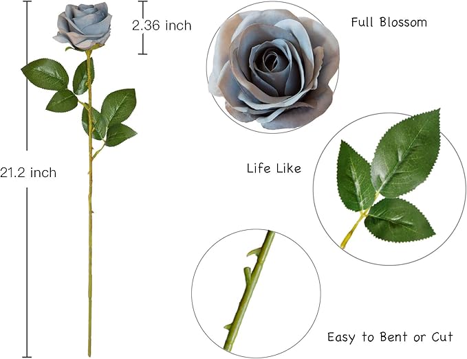 DuHouse 10pcs Fake Roses Artificial Silk Flowers Faux Dusty Blue Rose Flower Long Stems Bouquet for Arrangement Wedding Centerpiece Party Home Kitchen Decor (Dusty Blue)