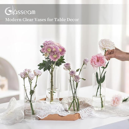 Glasseam Glass Cylinder Vase in Bulk: 32pcs Clear Small Bud Flower Vases for Centerpieces - Modern Hurricane Pillar or Floating Candle Holder for Wedding Party Table Living Room Home Decor, Tall 6"+7"