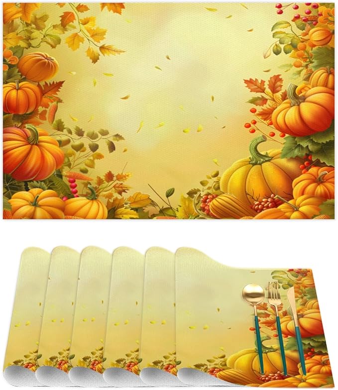 Thanksgiving Fall Yellow Pumpkin Placemats Set of 6 PVC Vinyl Non Slip Table Mats Heat Resistant Place Mats Washable Wipeable Dining Table Mat for Kitchen Decor Party Indoor Outdoor Decorative Gift