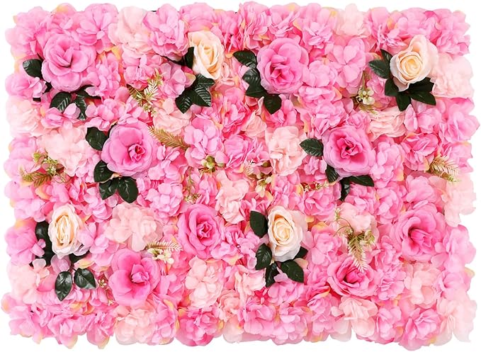 12 Pcs Artificial Flower Wall Panels, 24"x16" 3D Pink Silk Dahlia Hydrangea Rose Flowers Wall Backdrop Artificial Silk Fabric Flower Banquet Wedding Party Decor for Stage Background (Type 2)
