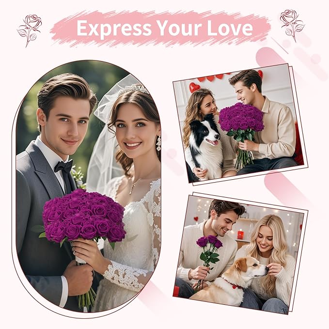 102 PCS Purple Roses Artificial Flowers, Fake Purple Roses, Purple Artificial Roses with Stems for Wedding Flowers Decoration, Valentines Roses, Wedding Decoration