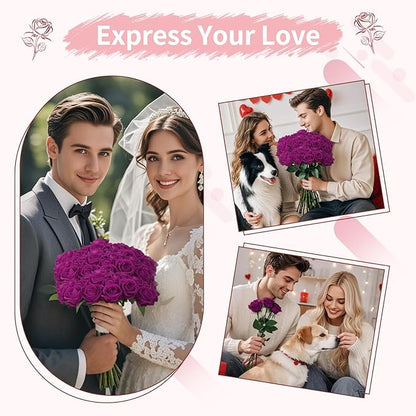 102 PCS Purple Roses Artificial Flowers, Fake Purple Roses, Purple Artificial Roses with Stems for Wedding Flowers Decoration, Valentines Roses, Wedding Decoration