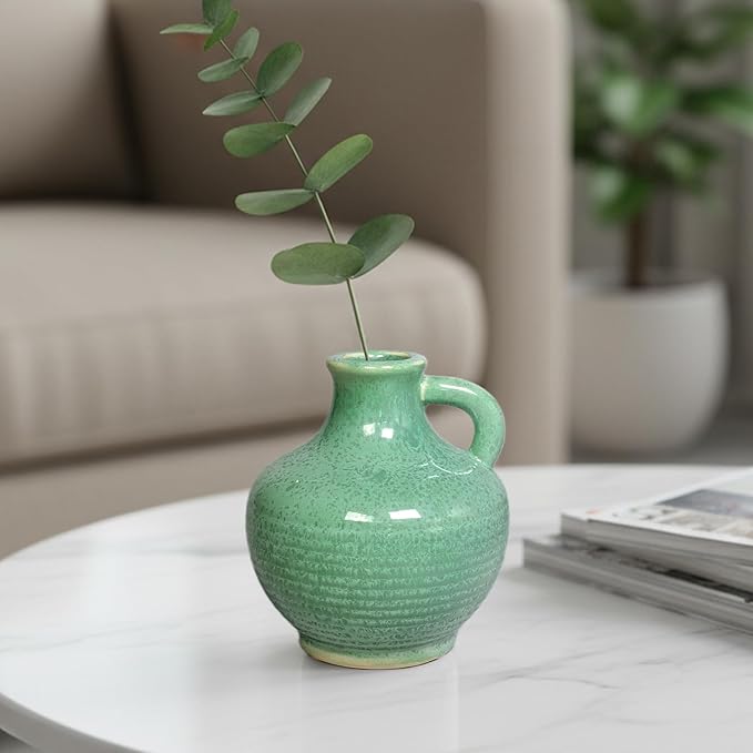 Sunddo Green Ceramic Vase for Centerpieces - 6 Inch Modern Decorative Vase with Handle, Small Pitcher Vases for Home Decor, Living Room Kitchen Bedroom Entryway Mantel Shelf Decor