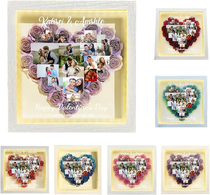 Personalized Photo Flower Shadow Box with LED Light Custom Heart Picture Collage Rose Flower Shadow Box Frame Memory Rose Display Case Gifts for Valentine's Day Christmas Birthday