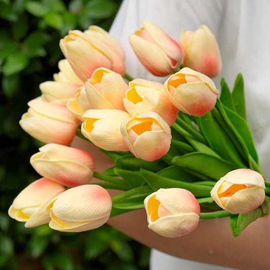 20 Pcs 13” Real Touch Champagne Pink Tulips Artificial Flowers, Latex Pu Fake Faux Lifelike Flowers with Stems, for Wedding Bouquet Christmas Home Decor