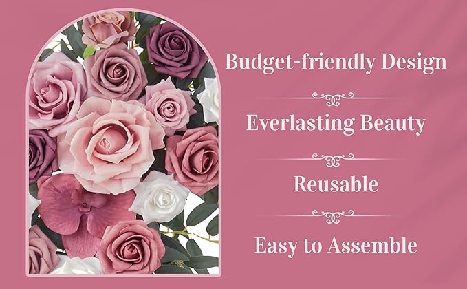 Ting's time Artificial Wedding Arch Flowers Kit(Pack of 4) 2pcs Large Artificial Flower Swags with 2pcs Draping Fabric for Wedding Party Ceremony Decoration(Blush&Rose Red)