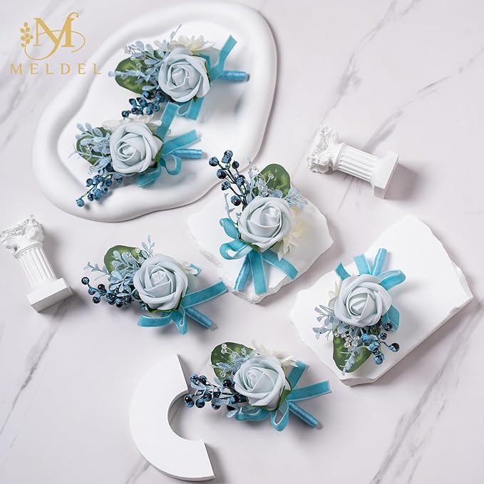 Meldel Blue Boutonniere for Men Wedding, Set of 6, Best Man Groom Groomsmen Boutonniere, Men Boutonnieres for Wedding Prom Party Homecoming Graduation