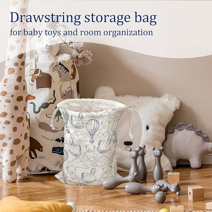 DSHFG Light Blue Chinoiserie Birthday Drawstring Gift Wrap Bags, Cute Chinoiserie Toy Bear Baby Shower Drawstring Gift Bags Canvas, Blue and White Small Happy Birthday Bag, 10x13 Inch