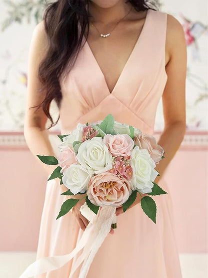 Rinlong Pink White Bridesmaids Bouquet Artificial Wedding Bouquets for Bridesmaid Silk Bouquet for Wedding Prom Homecoming