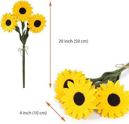Glaciart One Felt Sunflowers Artificial Bouquet - 3 pcs | Reusable, Washable and Essential Oil Ready Yellow Artificial Flowers w/Bendable Long Wire Stems |Great Gift or Home/Event Decorations