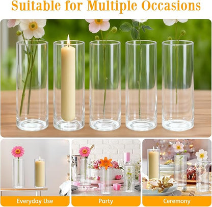 12 Pack 6.5" Tall x 2.4" Diameter Clear Glass Cylinder Vases-Flower Vases for Centerpieces, Hurricane & Floating Candle Holders for Weddings, Parties, Home Decor,Table Displays