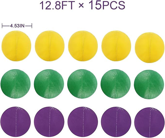 205 Ft Mardi Gras Party Decorations Purple Green Yellow Circle Dot Backdrop Garland Tissue Paper Polka Dots Hanging Streamer for Mardi Gras Birthday Wedding Baby Shower Masquerade Party Supplies