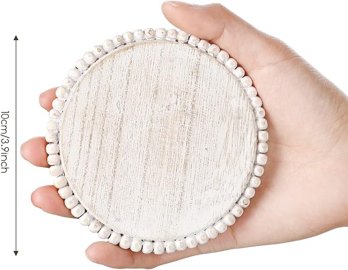 Honeydak 4 Pieces Wood Beaded Coasters 3.9 Inch Round Rustic Farmhouse Wooden Coasters for Drinks Decorative Table Top Wood Bar for Housewarming Home Kitchen(Beige)