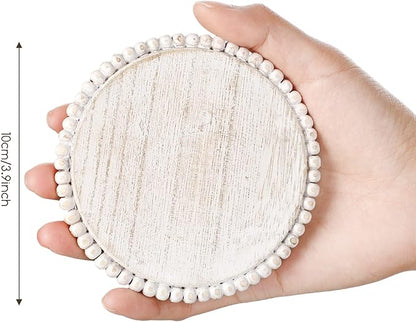 Honeydak 4 Pieces Wood Beaded Coasters 3.9 Inch Round Rustic Farmhouse Wooden Coasters for Drinks Decorative Table Top Wood Bar for Housewarming Home Kitchen(Beige)