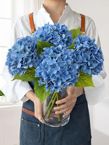 Savoy Blue Boho Artificial Hydrangeas Flowers, 4Pcs 20" Real Touch Lifelike Silk Artificial Hydrangeas, Full Fake Flowers for Bouquets Table Centerpieces Spring Wedding Indoor Home
