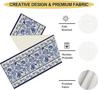 Blue Floral Table Runner, Rustic Vintage Paisley Floral Retro Boho Art Linen Coffee Table Center Decor for Family Kitchen Farmhouse Holiday Party Table Decorations Indoor Outdoor 13x36 inch