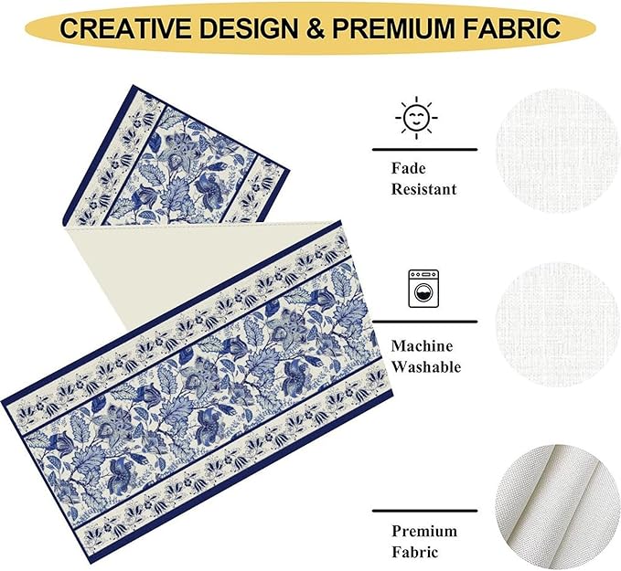 Blue Floral Table Runner, Rustic Vintage Paisley Floral Retro Boho Art Linen Coffee Table Center Decor for Family Kitchen Farmhouse Holiday Party Table Decorations Indoor Outdoor 13x108 inch