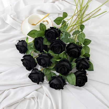 Hawesome Fake Roses Artificial Silk Flowers - 12 Pcs Black Roses Artificial Faux Flowers with Stems for Home Wedding Centerpiece Hotel Office Decor