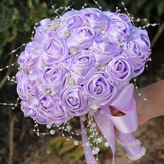Bridal Wedding Bouquet Round Bling Brooch Bouquet Throw Toss Artificial Rose Flower Bunch for Bride Bridesmaid Wedding Quinceanera(Light Purple, 8.7")