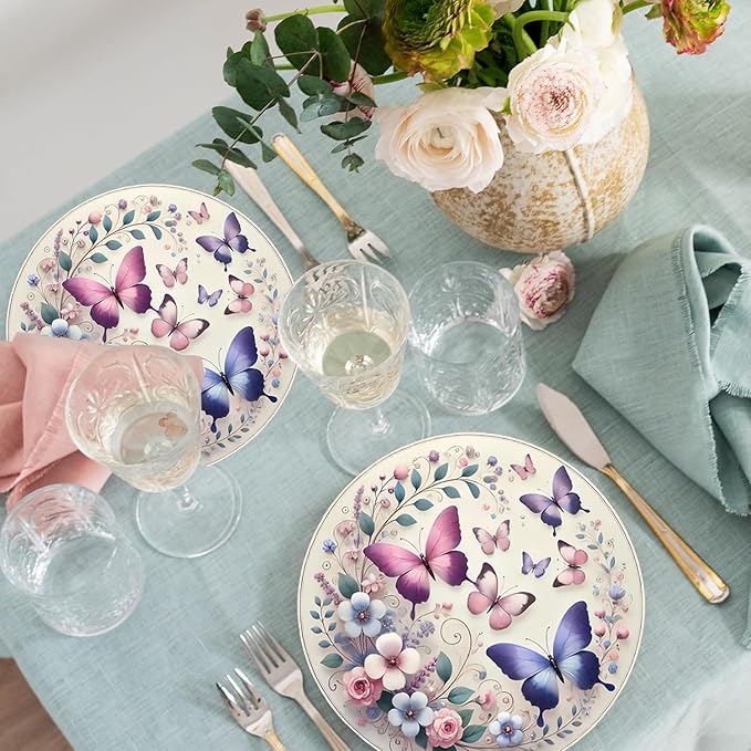 50Pcs Butterfly Plates Butterfly Birthday Party Supplies 7" Pink Purple Butterfly Paper Plates Spring Floral Shower Spring Summer Picnic Wedding Tea Party Vintage butterflyParty Decor