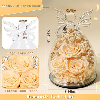 Beferr Christmas Birthday Gifts for Women, Mom Gifts for Christmas Fresh Flowers for Delivery Prime Forever Preserved Rose in Glass Angel Figurine Xmas Gifts for Grandma Wife Sister Her, Champagne