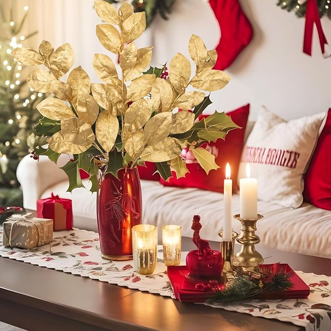 Briful Gold Magnolia Leaves Branches, 3 Pack 28.7in Faux Magnolia Leaves Stems Artificial Christmas Greenery Branches for Xmas Home Vase Floral Arrangement