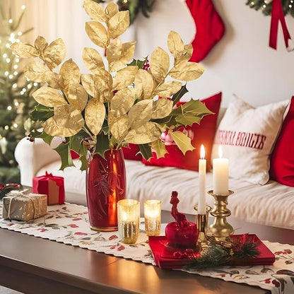 Briful Gold Magnolia Leaves Branches, 3 Pack 28.7in Faux Magnolia Leaves Stems Artificial Christmas Greenery Branches for Xmas Home Vase Floral Arrangement