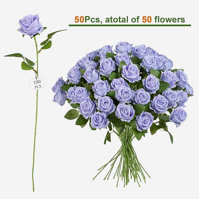 Fake Plants Roses Flowers Plastic Flowers Spring Decorations for Home Gifts for Gf Roses Artificial Flowers for Vase Fake Flowers Home Decor 19.6"(Light Purple 50PCS)