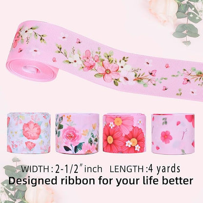 Floral Grosgrain Ribbon, 5 Rolls Flower Pattern Ribbon Spring Summer Fabric Decorative Craft Ribbon Roll for Gift Wrapping Decor Hair Bow Sewing Wreath Crafts (Pink Floral, 2.5Inch X 20Yards)