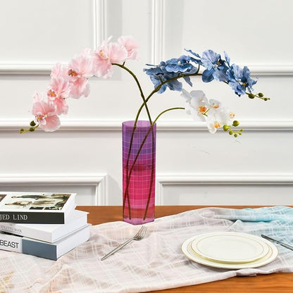 Flower Vase Clear Plastic Cylinder Vases Decor for Centerpieces Home Storage Office Weddings Grid Gradient Pink Purple 11.8 x 3.9 in