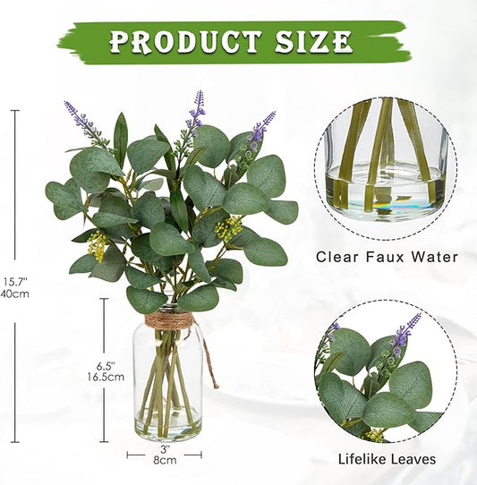 Briful Artificial Eucalyptus Stems in Glass Vase with Faux Water, 14" Fake Plant Eucalyptus with Lavender for Home Office Farmhouse Wedding Centerpiece Bathroom Décor