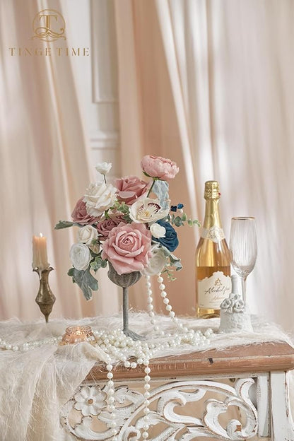 TINGE TIME Artificial Flowers Combo Mix Silk Flowers Pink Roses w/stem for DIY Wedding Bridal Bouquets Baby Shower Floral Arrangement Table Centerpieces Home Decorations (Navy Blue & Dusty Rose)