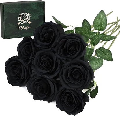 Waipfaru 8 Pcs Artificial Flowers Fake Silk Black Roses Bulk, Faux Real Touch Roses Bouquet with Long Stem for Wedding Party Home Decor (Black)