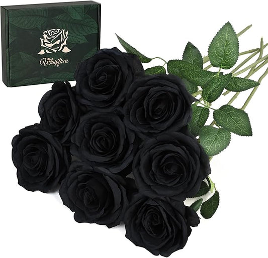 Waipfaru 8 Pcs Artificial Flowers Fake Silk Black Roses Bulk, Faux Real Touch Roses Bouquet with Long Stem for Wedding Party Home Decor (Black)