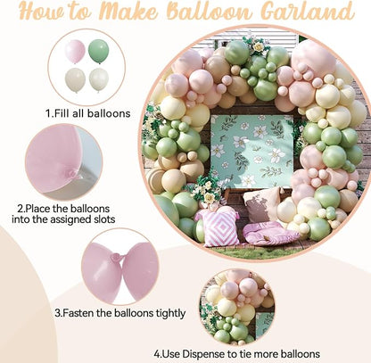 Pink and Green Balloon Arch Garland Kit, 122Pcs Ivory Sand White Dusty Pink Sage Green Spring Balloons for Women Girl Boho Bridal Wedding Baby Shower Engagement Birthday Party Decorations