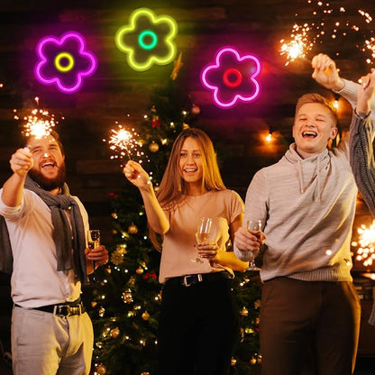 Baquler 3 Pcs Flower Neon Sign Light up Flower Sign Retro Neon LED Lights USB Powered for Wall Decor Window Bedroom Home Girls Birthday Christmas Party Decoration, 9 x 9 Inches(Stylish)