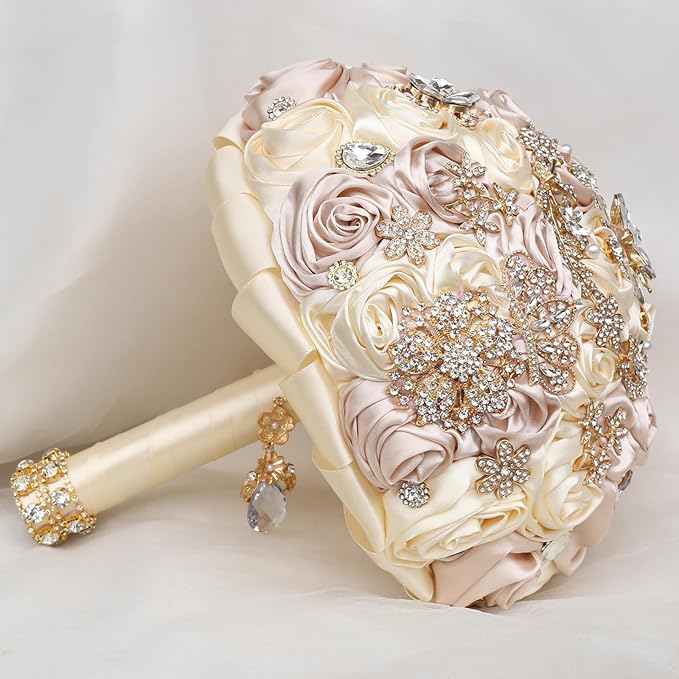 Handmade Satin Rose Floral Bling Pearl Decor Bridal Wedding Bouquet Rhinestone Pendant Artificial Brooch Flowers for Bride Bridesmaid Quinceanera