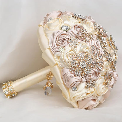 Handmade Satin Rose Floral Bling Pearl Decor Bridal Wedding Bouquet Rhinestone Pendant Artificial Brooch Flowers for Bride Bridesmaid Quinceanera