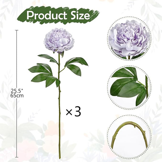 Briful 3PCS Faux Peony Flower Stems, 25.5" Artificial Peony Flowers Realistic Fake Flowers for Vase Arrangements Wedding Centerpieces Decoration(Light Purple)