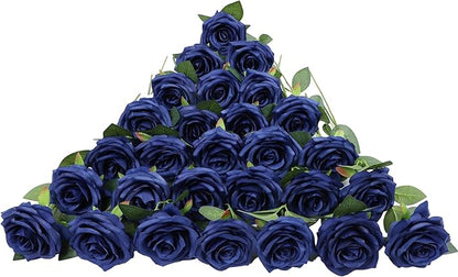 Artificial Rose Flower Navy Blue Flowers Navy Blue Roses Silk Flowers 30 pcs with Long Stem Silk Roses Bouquet for Wedding Bridal Shower Party Home Decoration