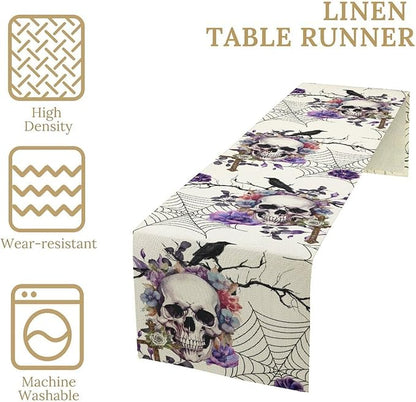 Gothic Floral Table Runner, Retro Dark Skull Spider Web Crow Flower Halloween Witchy Coffee Table Center Decor for Home Kitchen Dining Patio Holiday Party Table Decorations 13x90 inches