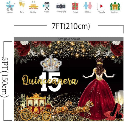 Red Dress Rose Flower Backdrops Quinceanera Birthday Backdrop for Girl Princess Happy 15th Bday Carriage Photography Props Cake Table Banner 7x5ft MBJLSLU37