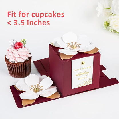 FEIYI 20 PCS Burgundy Gift Boxes, 3 In 1 Favor Boxes with Floral Decor, White Thank You Tags Gift wrapping for Wedding, Christmas, Baby Shower, Birthday, Decorations Party - 3.55x3.55x3.55