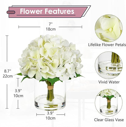 Hollyone Real Touch White Hydrangea Artificial Flowers in Vase Latex Small Faux Hydrangea Flowers Arrangements Hydrangeas Fake Flower with Glass Vase with Faux Water for Table Centerpiece Home Decor