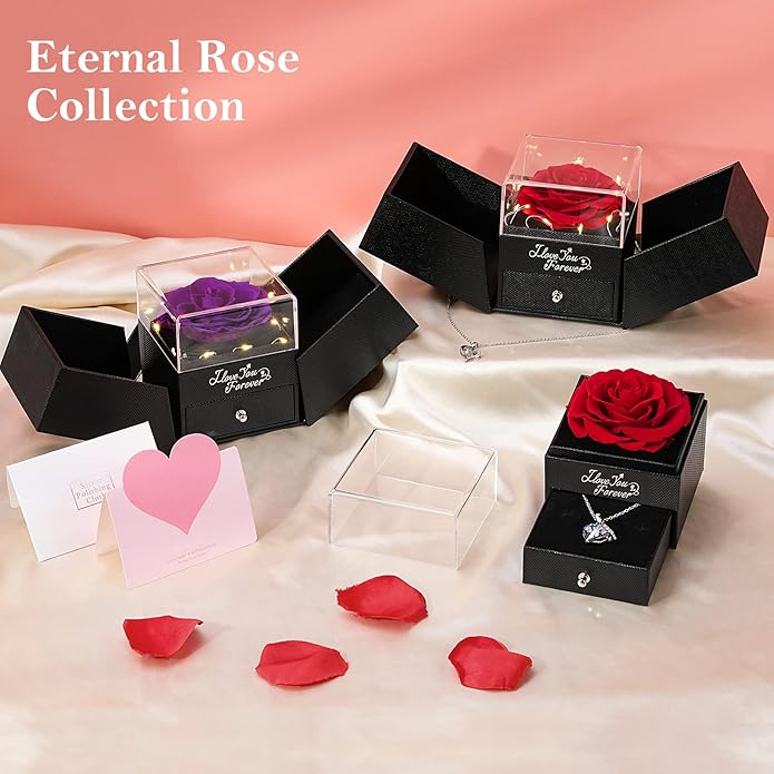 Emibele Preserved Rose Gifts for Women, Eternal Flower Rose Box with Heart Necklace, Romantic I Love You Gifts for Her Women Wife Mom Grandma on Valentines Mothers Day Birthday Anniversary