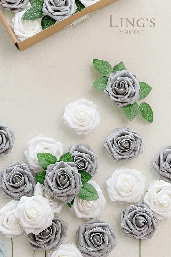 Ling’s Moment Artificial Flowers 25Pcs Silver & Grey Roses Decor w/Stems,3" Real Touch DIY Foam Floral for Wedding Bouquet/Centerpieces, Outdoors Party Backdrop, Room/Table, and Garden/Pot Decorations