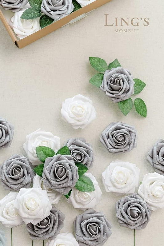 Ling’s Moment Artificial Flowers 25Pcs Silver & Grey Roses Decor w/Stems,3" Real Touch DIY Foam Floral for Wedding Bouquet/Centerpieces, Outdoors Party Backdrop, Room/Table, and Garden/Pot Decorations